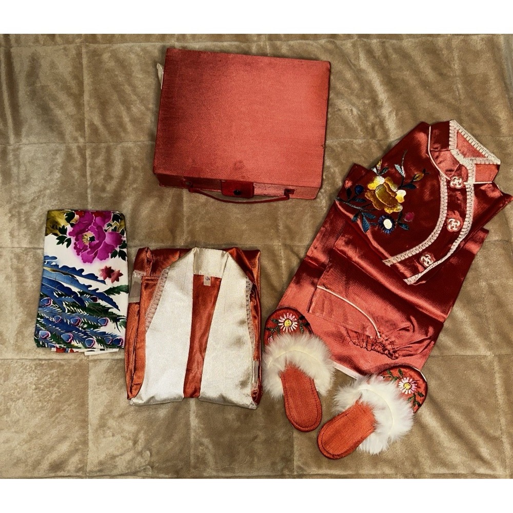 Vintage Child's Pajama Set  Asian Red Embroidered Satin Traditional Shoes Box